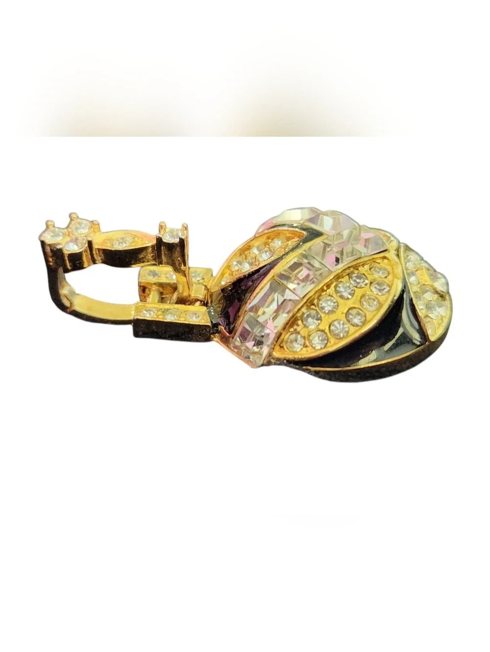Vintage Crystal Orb Pendant Statement Gold Tone Black Enamel Half-Dome ✨️‎